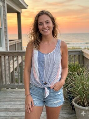 Lou & Grey Linen Americana Striped Tie Front Tank Red White and Blue Size Small